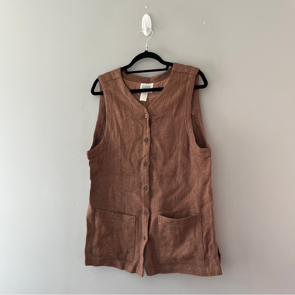 Vintage Eileen Fisher Brown Linen Vest Woven Neutral Size Large